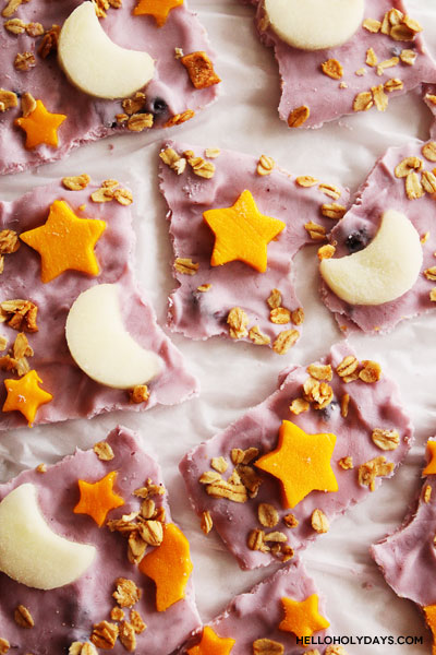 Ramadan yogurt bark with fruit cut as moon and stars.