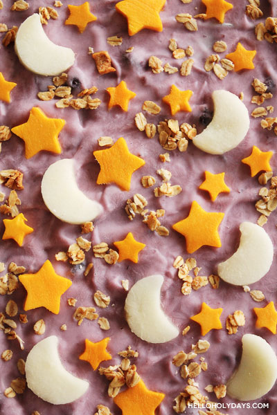 Moon and star shaped fruit on top of yogurt bark for Ramadan